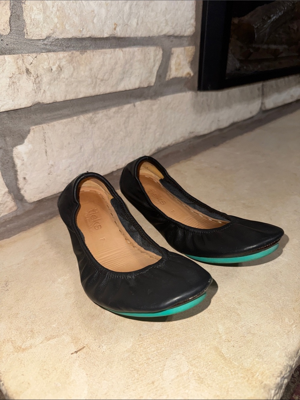 Tieks Black Leather Ballet Flats with Teal Trim